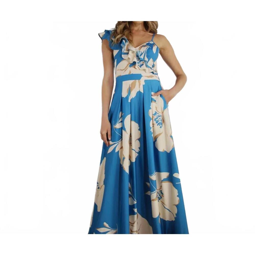 NEW MULLA one shoulder ruffle pleated maxi dress in cobalt blue